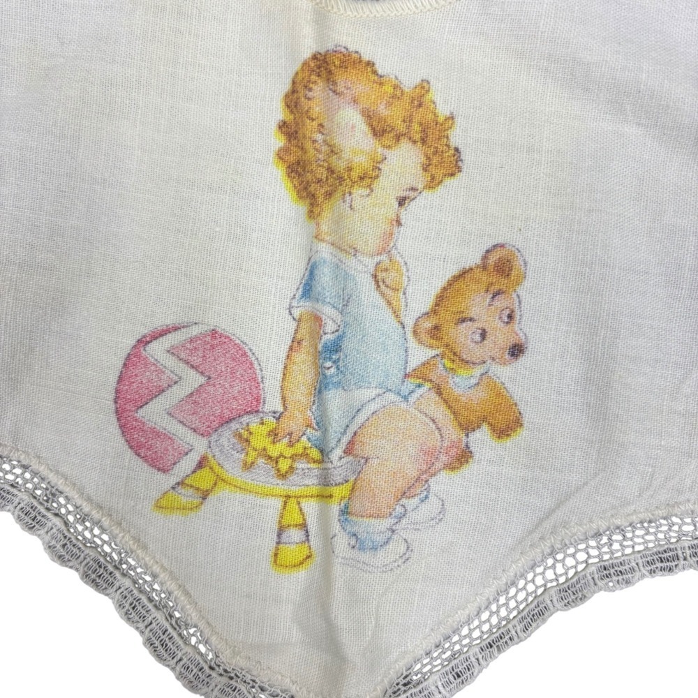 Vintage Antique Baby Bib Embroidered Child Playing with Teddy Bear Lace Trim - Picture 3 of 4